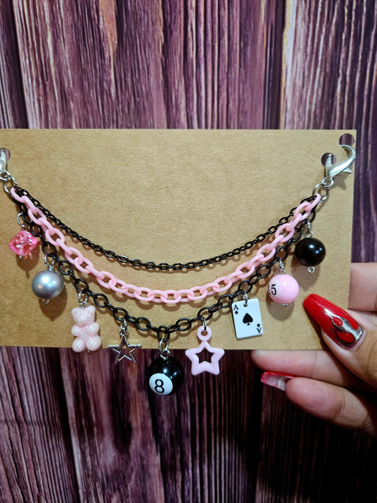 Car Charm Chain +hanger - light pink triple chain gummy bear/8ball, playing card