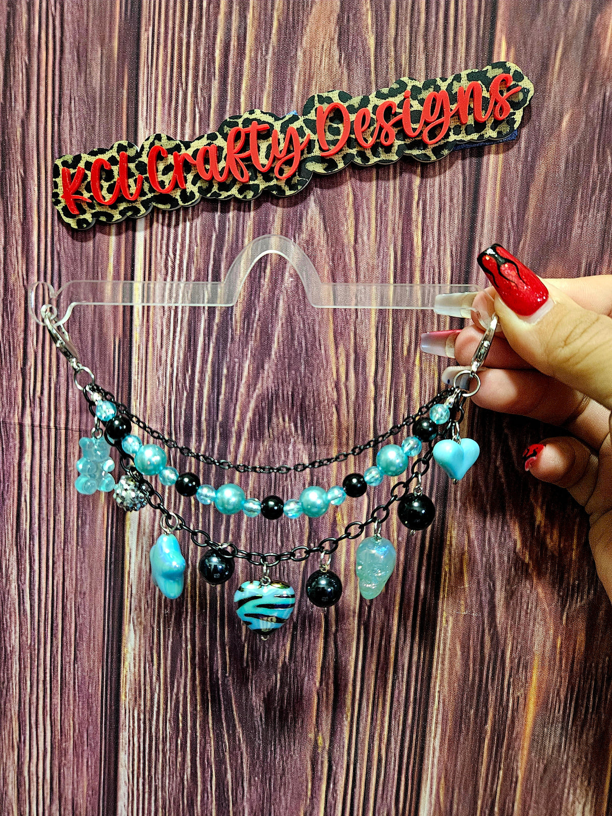 Car Charm Chain +hanger - light blue bead triple chain (zebra heart/skull)