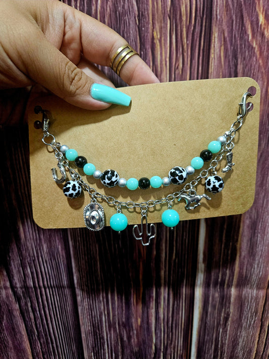Car Charm Chain + hanger - western bead chain, cactus/cow print (silver)